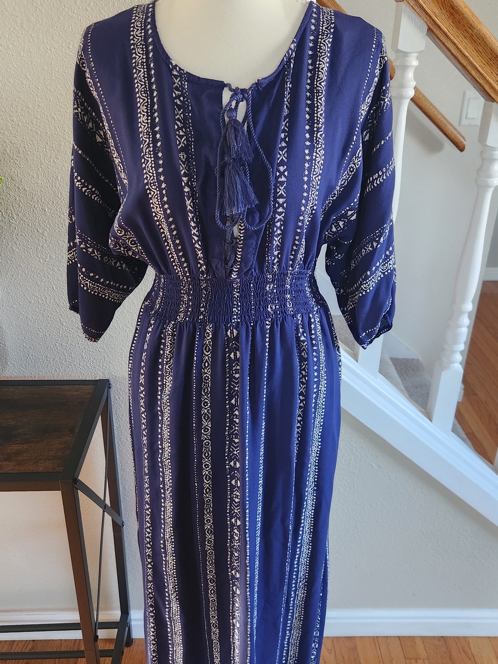 Japna Navy and White Tassel-Tie Smocked Waist Maxi Dress